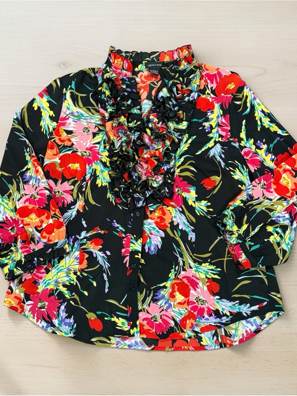 Black Red Pink Floral Ruffle Button-Down Polyester 3/4 Sleeve Blouse by Spense